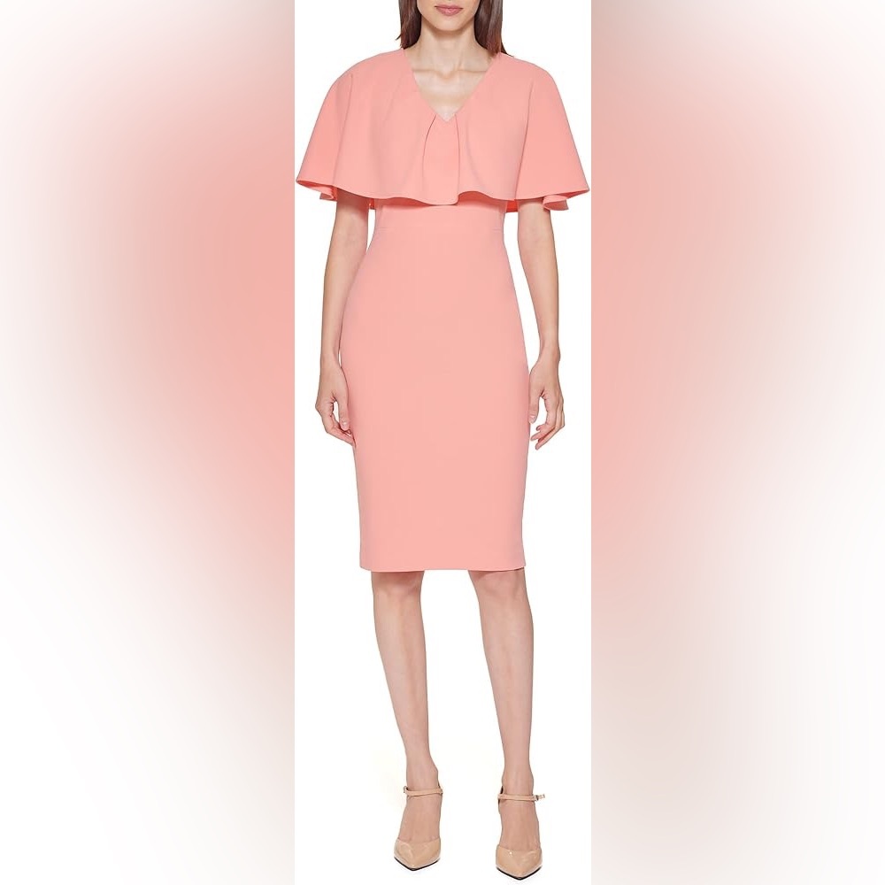 Pre-Owned Peach Calvin Klein V-Neck Cape Sheath Dress